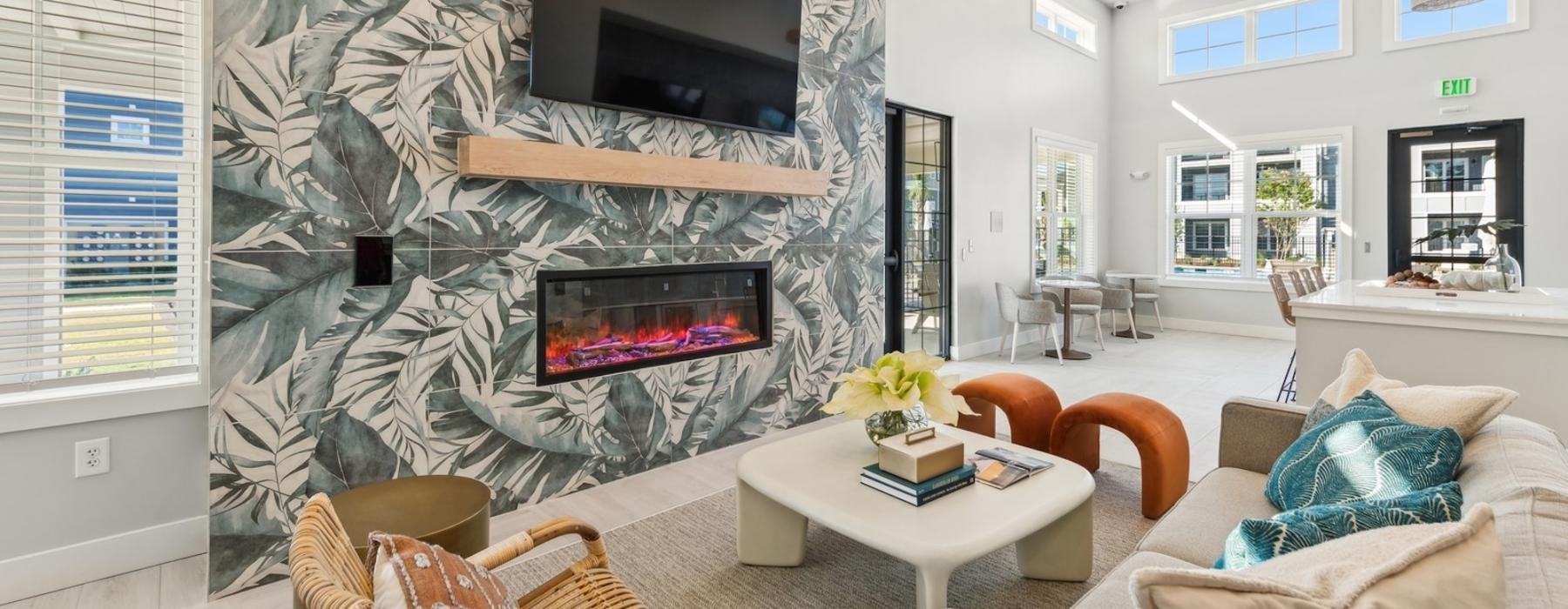 a living room with a fireplace